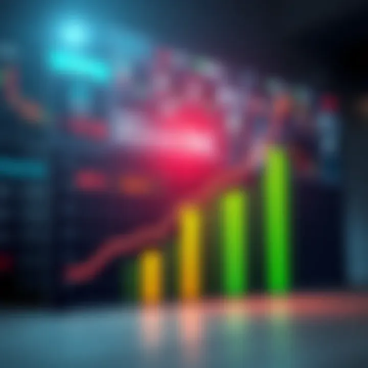 Market Trend Analysis Graph showing an upward trend in market volume trades with arrows and stock market symbols.
