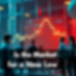 A graph showing a downward trend in stock prices with concerned people discussing around it.