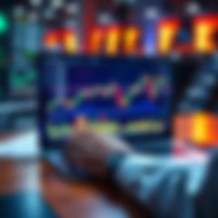 Market Trends A trader analyzing stock charts on a laptop with rising graphs and candlestick patterns, representing market surges and selling strategies.