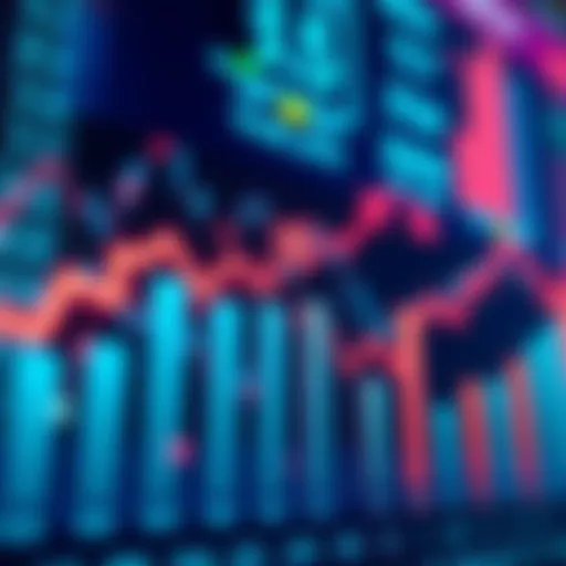 A graph showing market trends with upward and downward arrows and bar charts representing numerical data.