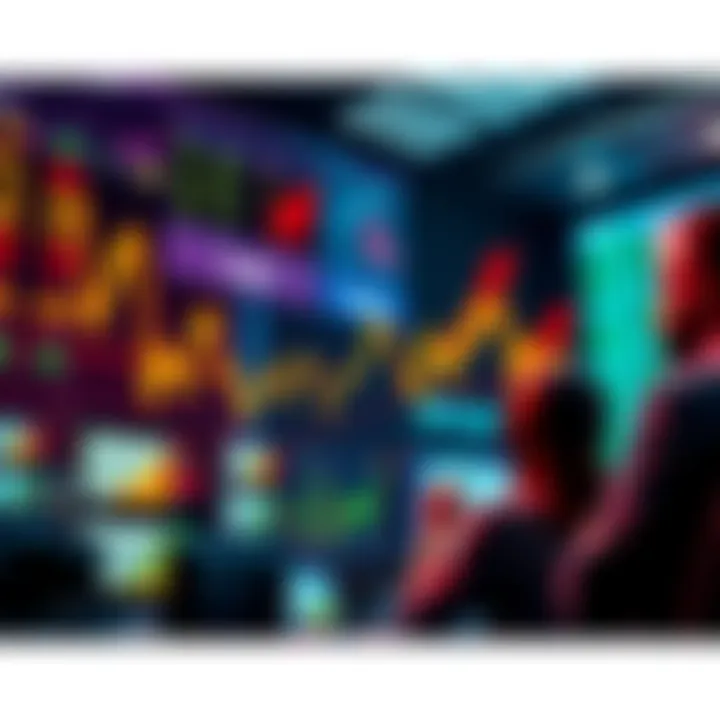 A stock market graph showing fluctuating prices and trends, with arrows indicating short-term predictions, alongside worried investors looking at screens.