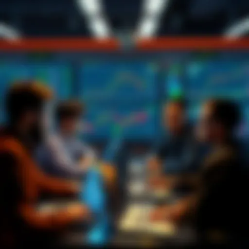 A group of diverse people analyzing market charts on laptops, focusing on XRP's price movements. There are graphs and financial data displayed on screens around them.