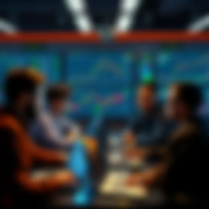 A group of diverse people analyzing market charts on laptops, focusing on XRP's price movements. There are graphs and financial data displayed on screens around them.