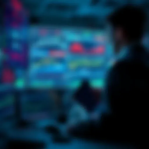A financial expert analyzing graphs and market data on a digital screen, surrounded by charts and stock tickers.