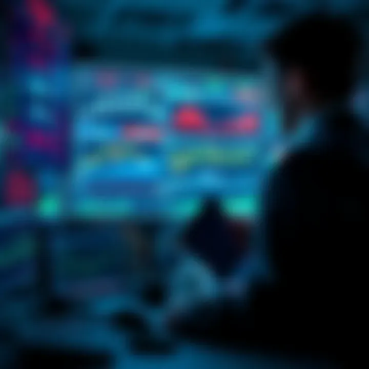 A financial expert analyzing graphs and market data on a digital screen, surrounded by charts and stock tickers.
