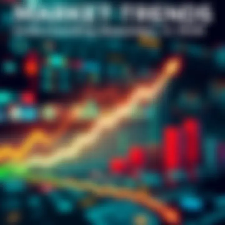 A graph showing upward movement in market trends with icons representing investments and finance.