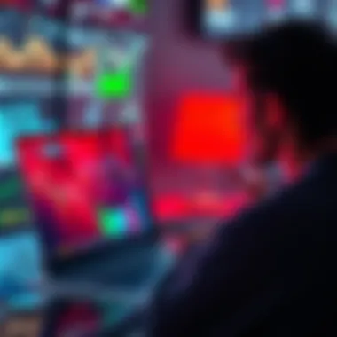 A person looking at a laptop screen displaying market trends and graphs, contemplating a purchase