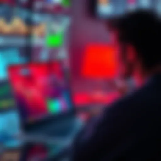 A person looking at a laptop screen displaying market trends and graphs, contemplating a purchase