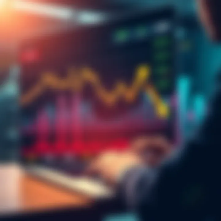 A graph showing fluctuating market prices with a downward trend and arrows indicating potential recovery points, with a person analyzing data on a laptop.