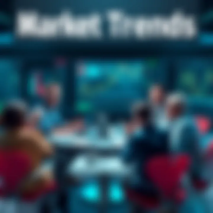 A group of people engaging in a lively discussion about market trends and trading strategies at a round table with charts and graphs on display.