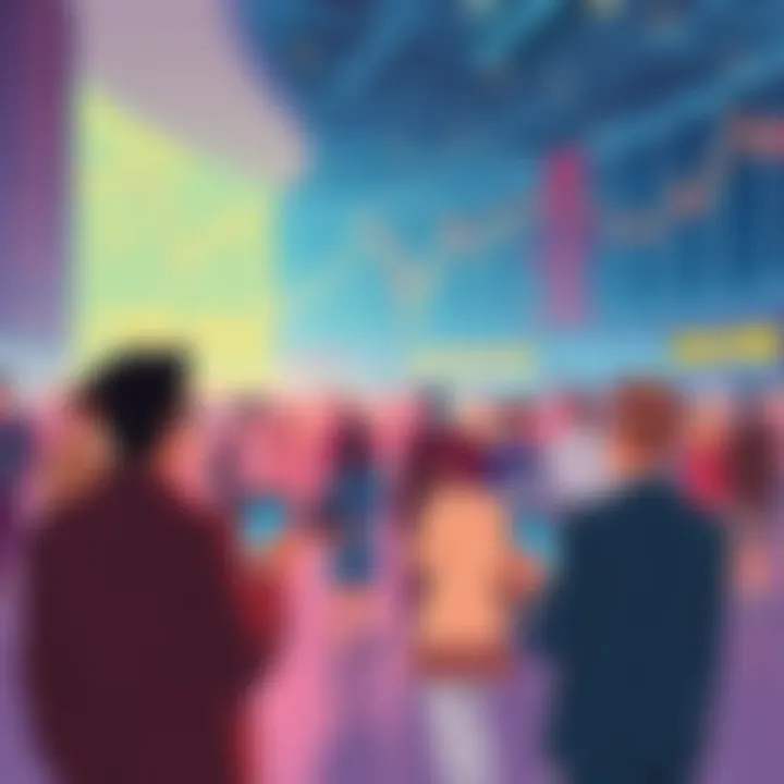 Illustration showing community engagement impacting stock market performance, with people discussing investments and market data on digital devices.