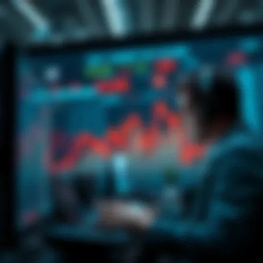 A graphic showing a downward trend in stock market performance with declining charts and worried investors looking at screens.