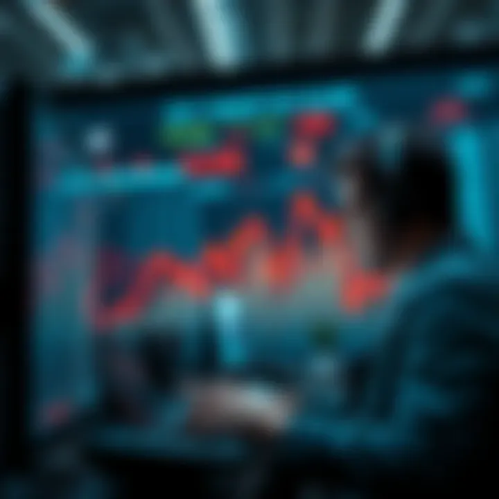 Market Trends Graphic A graphic showing a downward trend in stock market performance with declining charts and worried investors looking at screens.