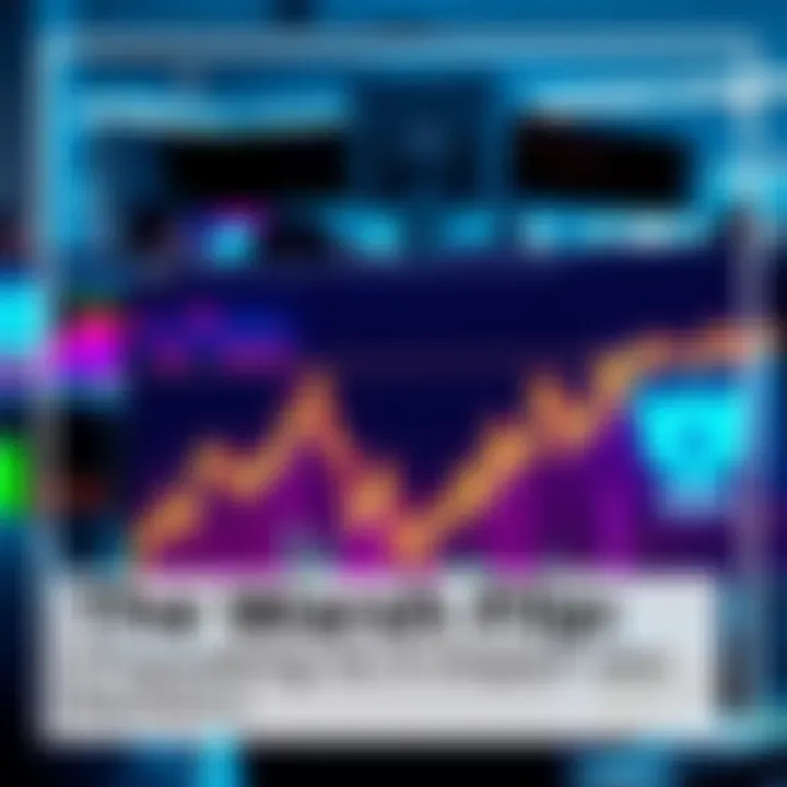 A graph showing rising and falling market trends with investors analyzing data on screens