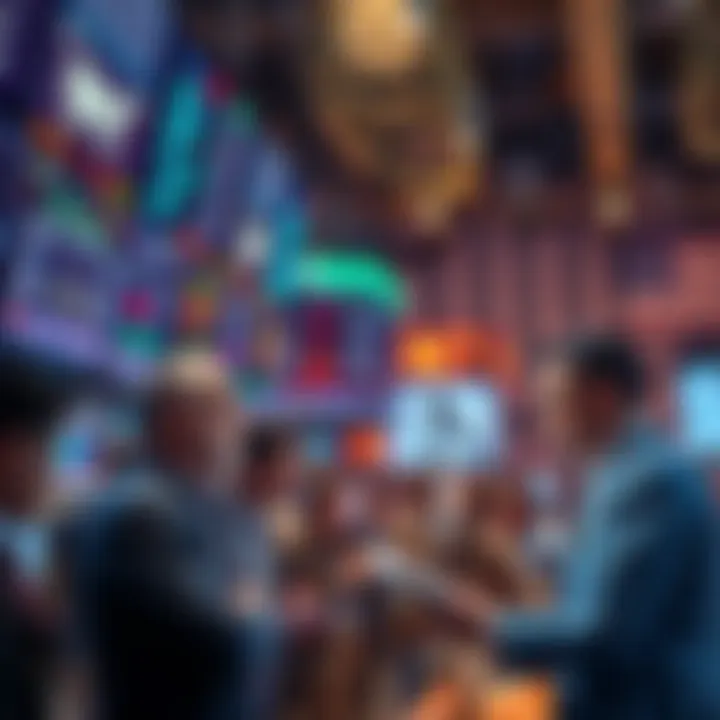 Market Trends Revival A bustling stock market scene with traders engaged in lively discussions and examining charts, representing market enthusiasm and excitement.
