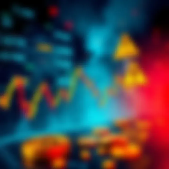 A graph showing fluctuating prices of cryptocurrencies and gold with caution signs in the background