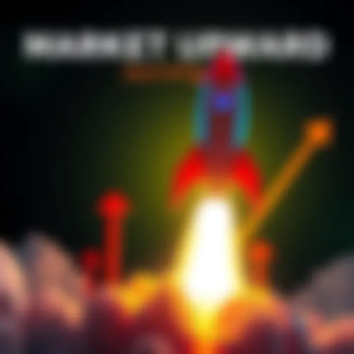 Visual representation of a rocket symbolizing market growth and excitement, with upward arrows showcasing price surge trends