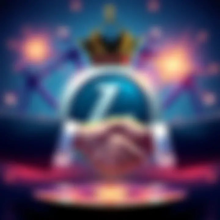 A digital illustration showing Litecoin's logo with elements representing identity and prestige, like a crown and a handshake, symbolizing connection and status.