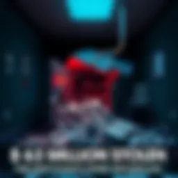 A darkened office space with a broken safe and scattered money, symbolizing the $263 million theft.