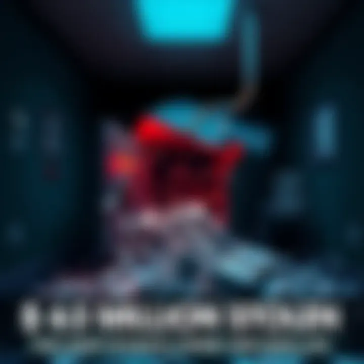 A darkened office space with a broken safe and scattered money, symbolizing the $263 million theft.