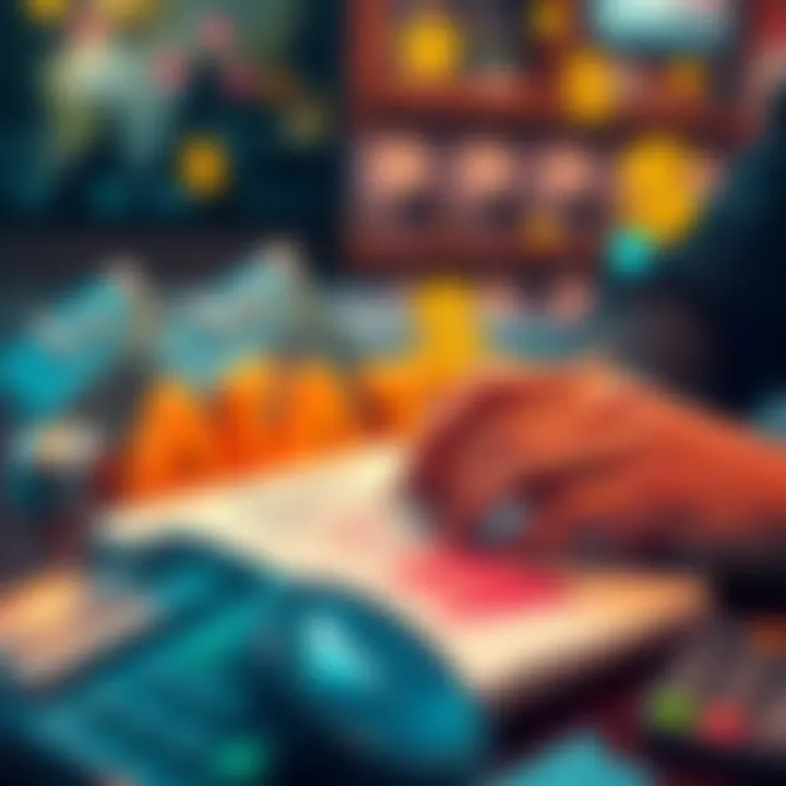 A person calculating math on a notebook with parcels and money icons in the background, representing buying strategies in Atlas Earth.