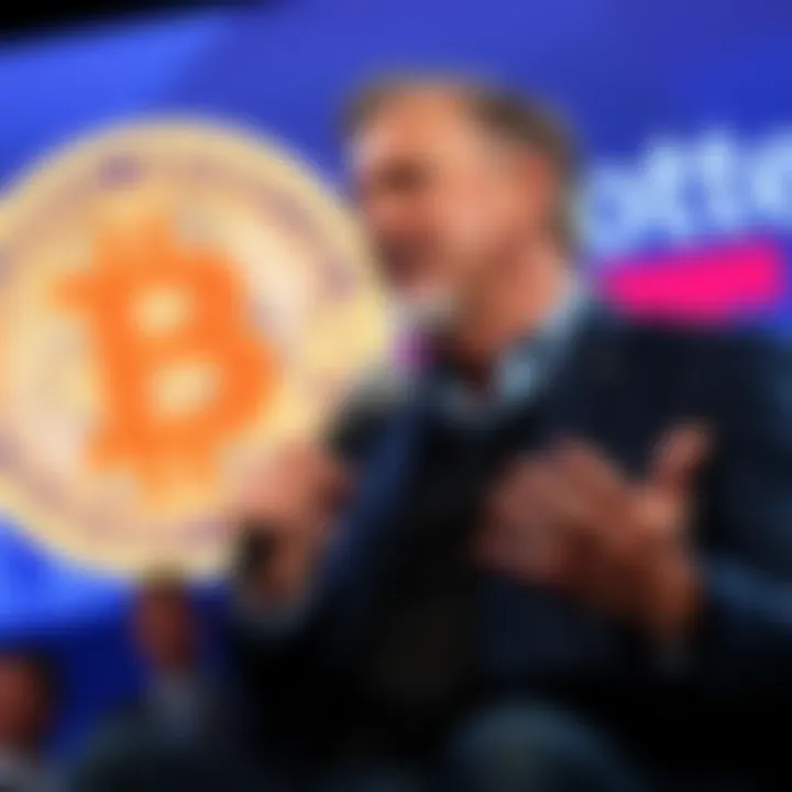 Max Keiser speaking at an event, urging people to boycott JP Morgan over their actions against the public, with a Bitcoin logo in the background.