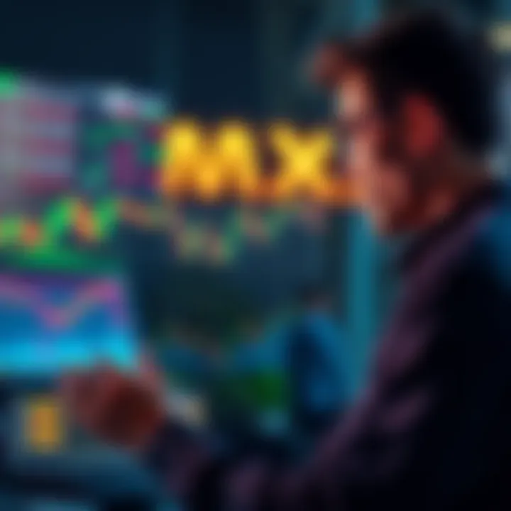 A person analyzing stock charts with Maxi's logo visible in the background.