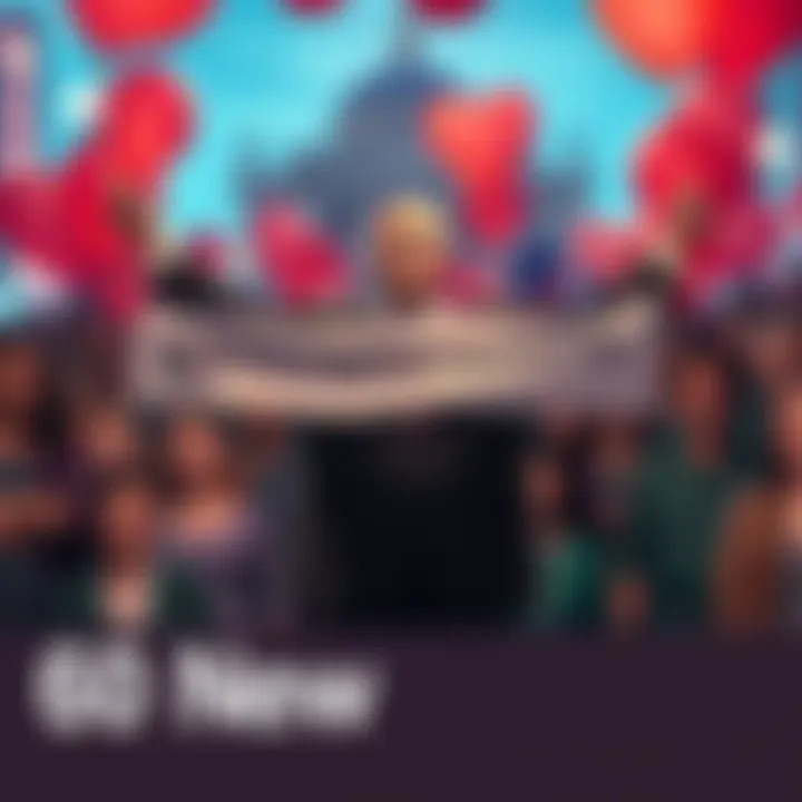 The mayor stands proudly in front of a crowd, holding a banner that reads '60 New Achievements'. The atmosphere is festive with balloons and smiling citizens around.