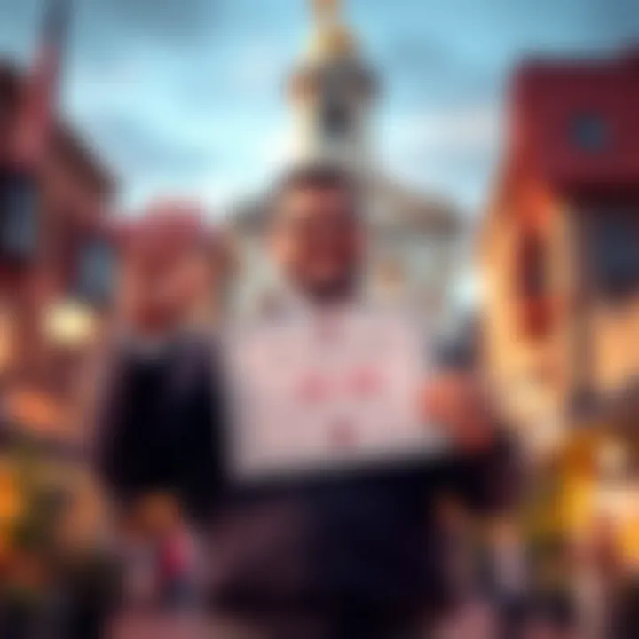 A new mayor happily holding a certificate indicating their first 20 AB payout in front of city hall, with small-town buildings in the background.