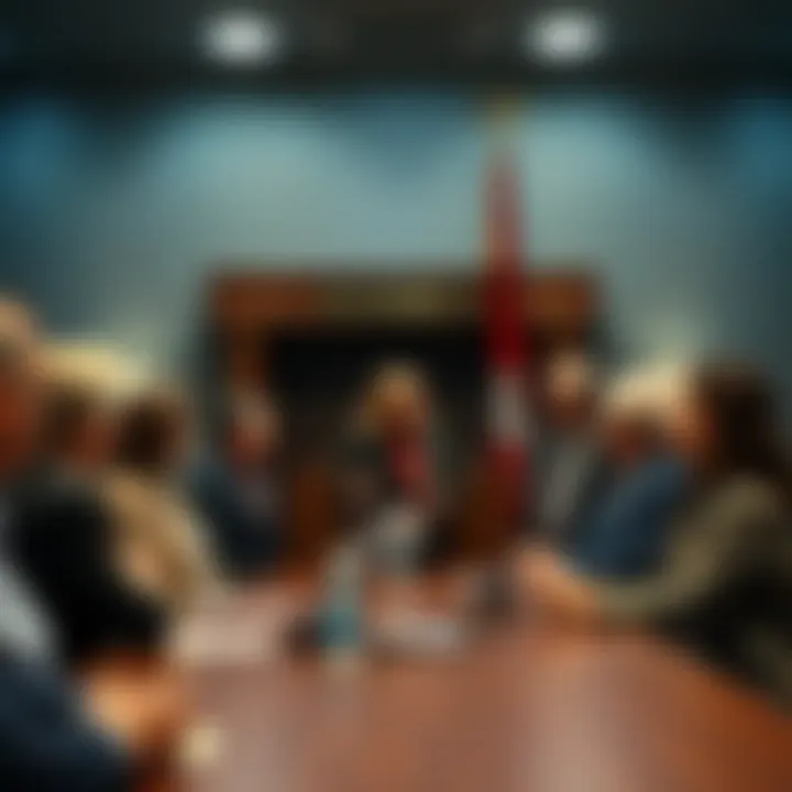 A mayor addressing a small town council meeting with local residents in attendance