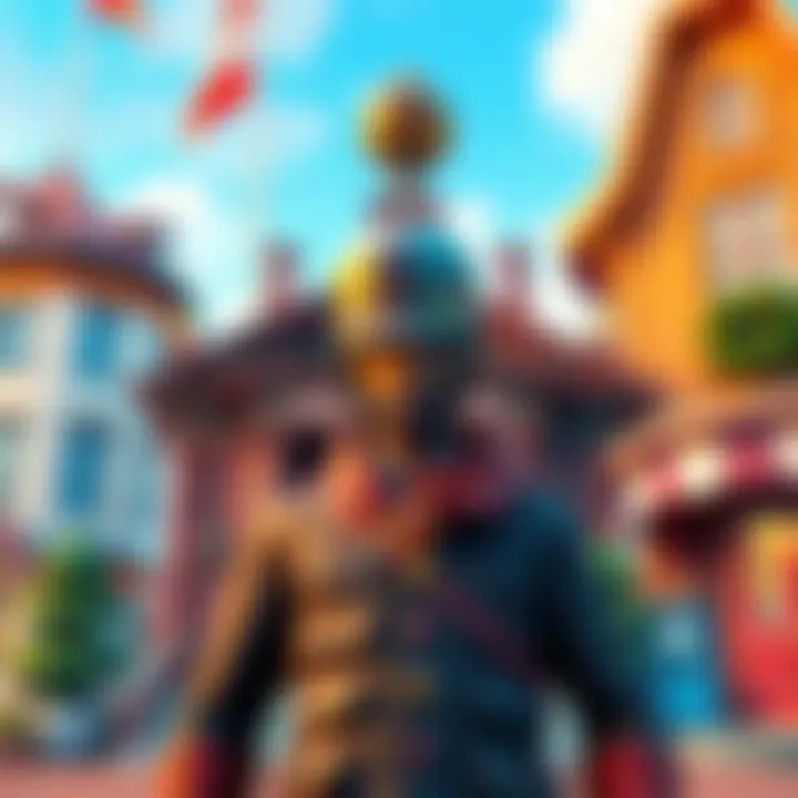 A player character wearing a mayor outfit, standing in front of a town hall in a colorful game setting.