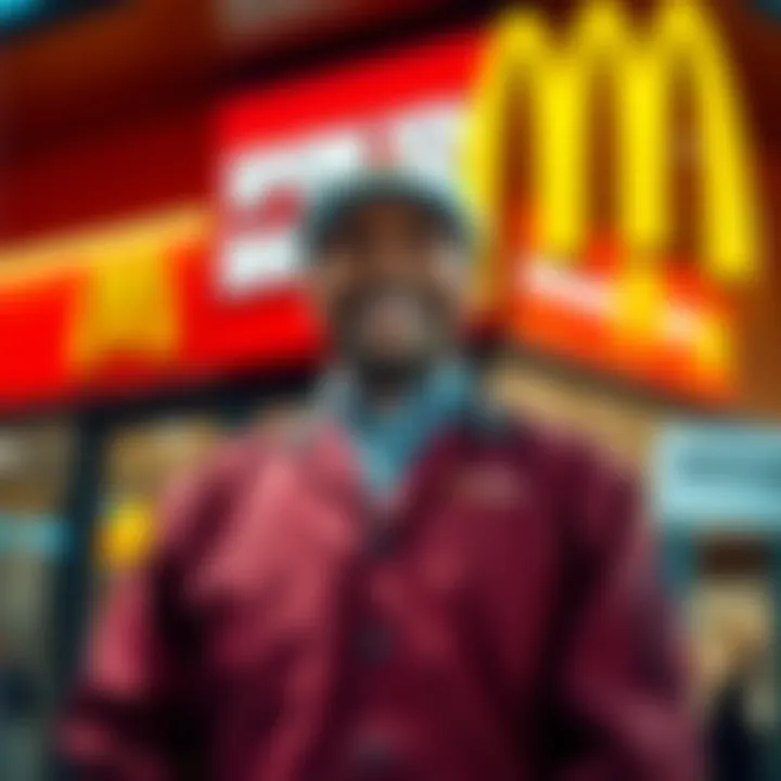 A McDonald's manager smiling, standing in front of the restaurant, with a welcoming gesture, hinting at returning sales to $50k.