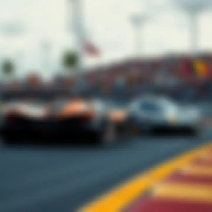 Two McLaren race cars competing at the Miami race with a crowd cheering in the background