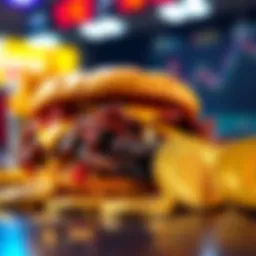 A McRib sandwich alongside shiny Bitcoin coins representing the connection between fast food culture and cryptocurrency markets.