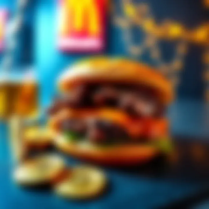 A McRib sandwich placed next to shiny Bitcoin coins, symbolizing a link between fast food and cryptocurrency trends.