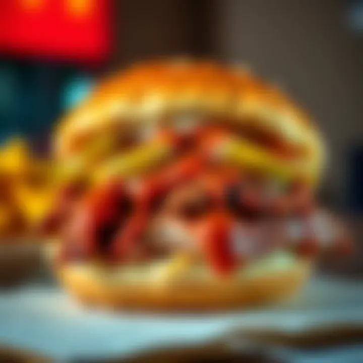 A close-up of a McRib sandwich featuring tender pork, BBQ sauce, and pickles on a sesame seed bun.