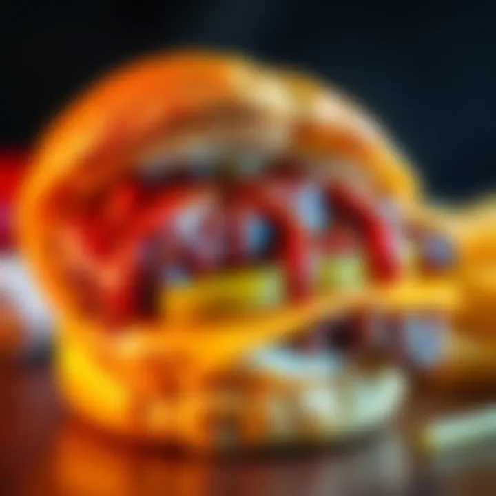 A close-up of a McRib sandwich featuring barbecue sauce and pickles on a bun