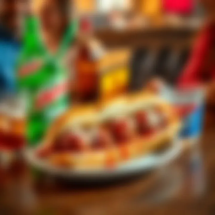 A delicious meatball sub on a plate with a colorful Mt Dew and Atlas Bucks drink beside it, shared with family at a table.