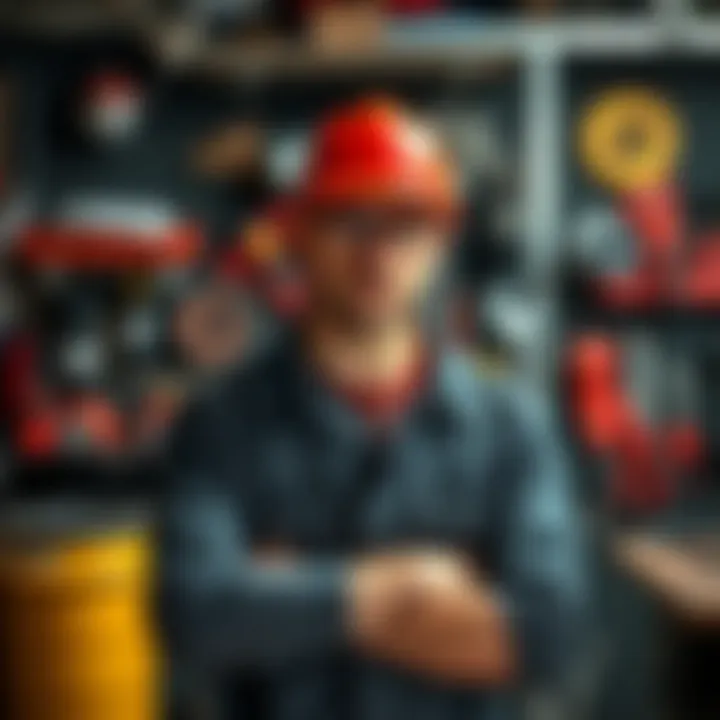 A mechanic stands in a garage with tools, looking frustrated about Bitcoin Core nodes.