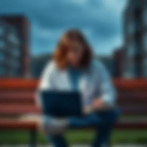 A worried medical student sitting on a bench with textbooks and a laptop, looking stressed and pleading for assistance, surrounded by campus buildings.