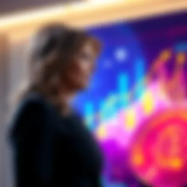 Melania Trump standing next to vibrant digital art representing NFTs and cryptocurrency growth