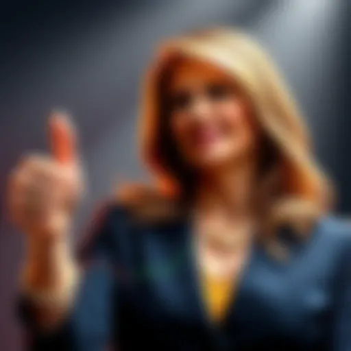 Melania Trump giving a thumbs up next to a chart showing a price increase for a meme coin, with a clear downturn indicator