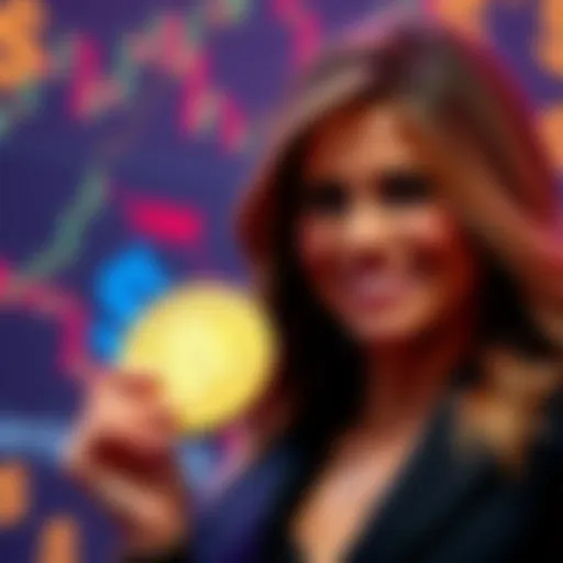 Melania Trump smiling while holding a memecoin, with a backdrop of financial charts and dollar signs, reflecting the recent controversy over token sales.
