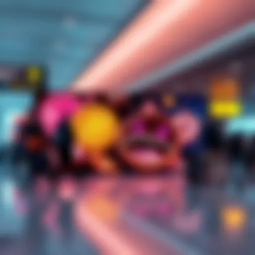 Advertisement featuring meme coins at an airport with travelers in the background