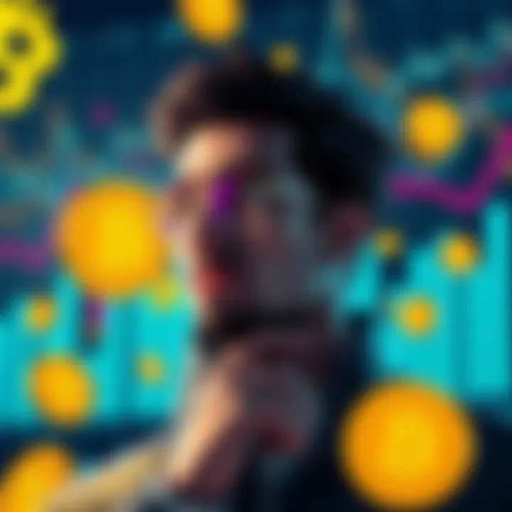 A graphic showing a person contemplating between meme coins and Bitcoin, with dollar signs and charts in the background.