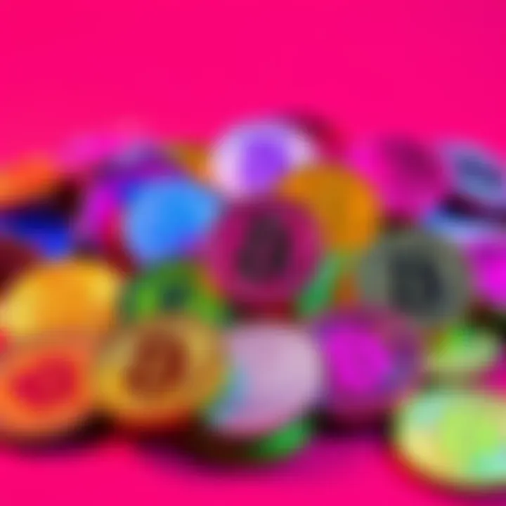 A collection of colorful meme coins representing various internet memes, displayed on a bright background, symbolizing innovation and creativity in cryptocurrency.
