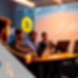 A group of people debating the worth of meme coins at a table with laptops and charts.