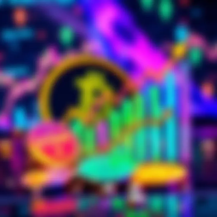 Colorful graphic displaying meme coins like $TOSHI and $PEPE with upward trends and coins