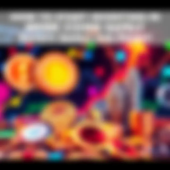 A colorful graphic showing popular meme coins and investment symbols like a dollar sign and a chart climbing upwards