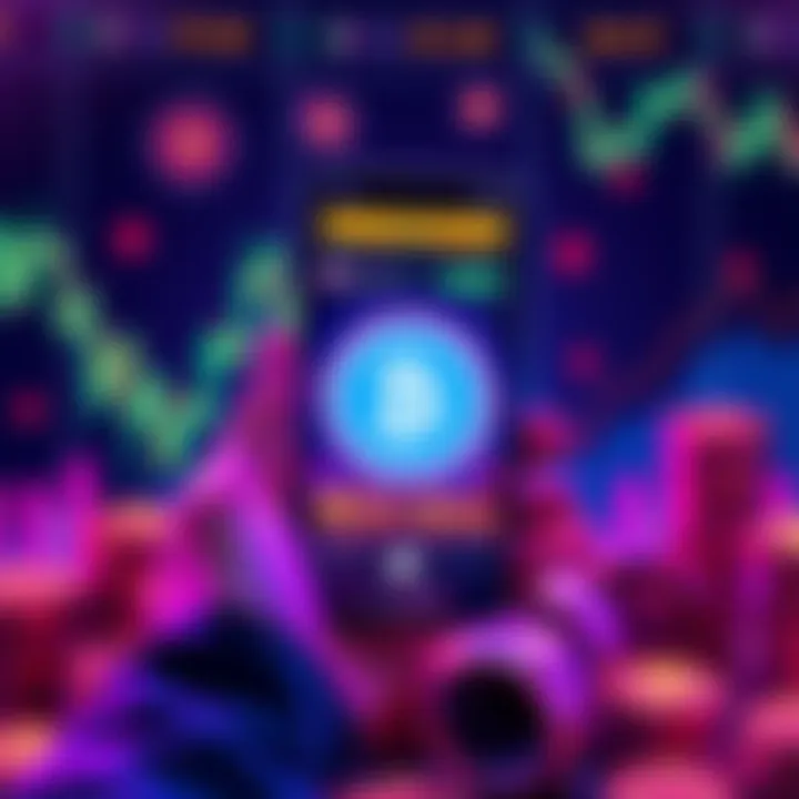 A person holding a smartphone displaying a cryptocurrency coin with wallet restrictions icon, surrounded by charts and coins